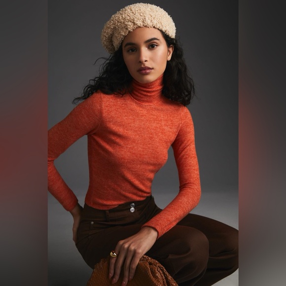 By Anthropologie Cropped Turtlenecks in Dark Orange & Neutral Motif - Picture 2 of 5